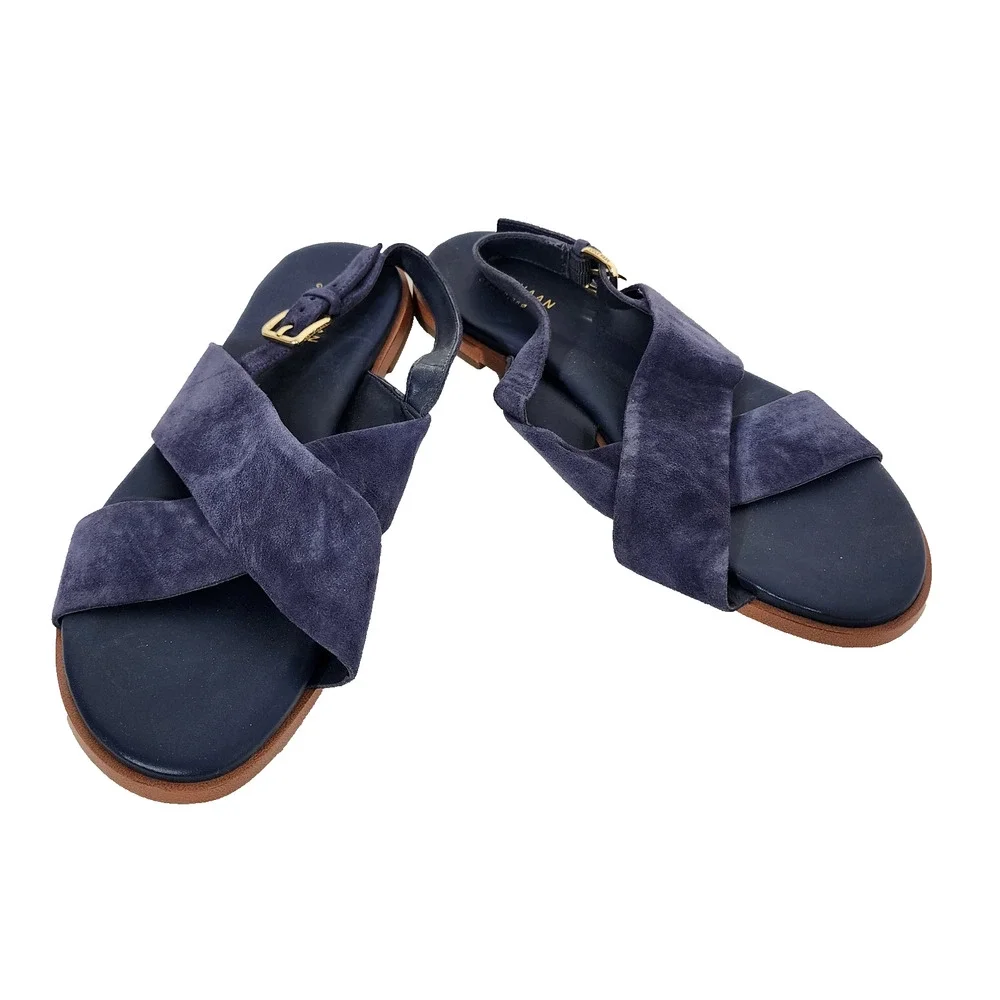 Cole Haan Women Fernanda Grand 360 Sandal 7B Marine Blue Suede Slip On Slingback